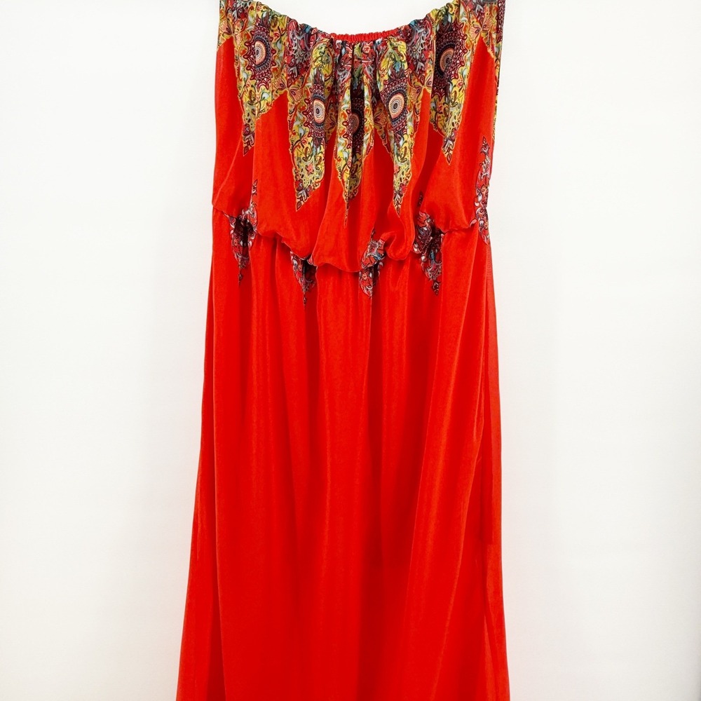 Love Tree Orange Paisley Boho Strapless Maxi Dress Large Ruffle Flounce Lined